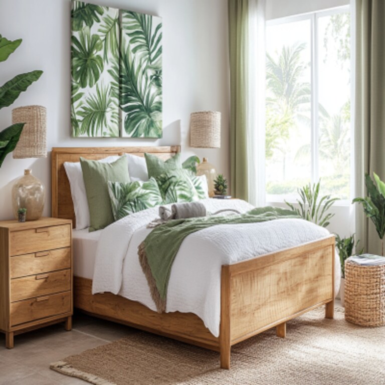 Contemporary Master Bedroom Design with Queen Bed and Botanical Prints